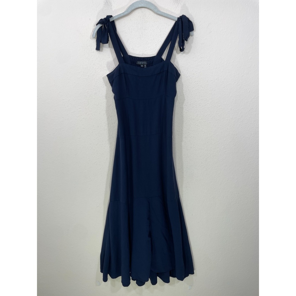1.State Maxi Dress XS Tiered Square Neck Navy 1Rayon Strappy Faux Tie Shoulder
